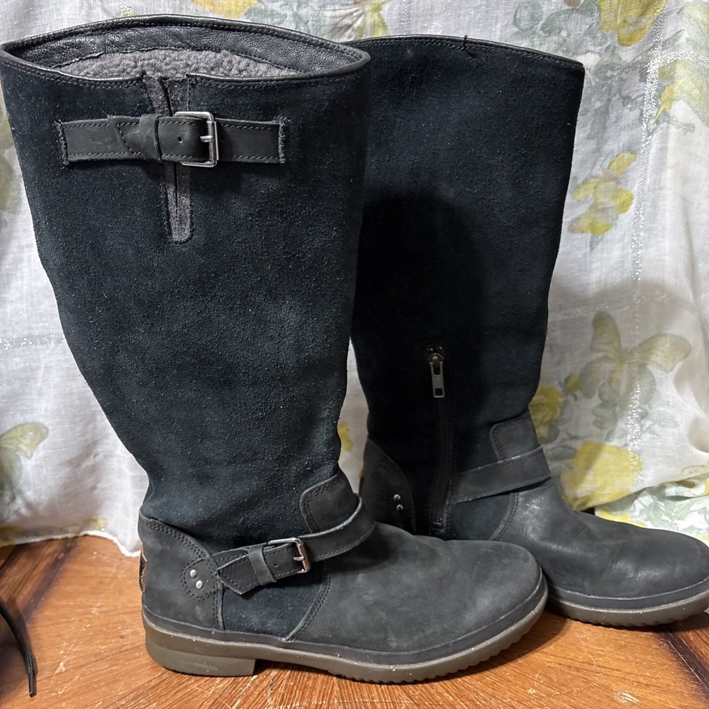 Ugg Thomsen Tall Black Suede Leather Knee High Riding Waterproof Boots Size 8